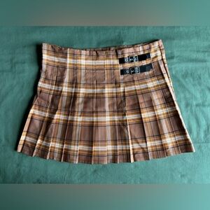 No Boundaries Brown and Tan Plaid Pleated Mini Skirt with Buckle Straps